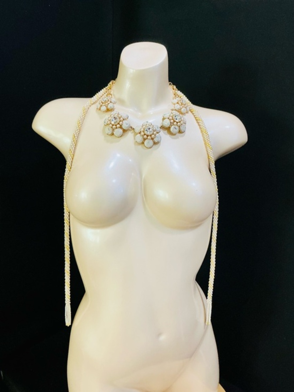 Gold & White Floral Statement Necklace & Cream & Gold Swirl Pearl Tassel Lariat